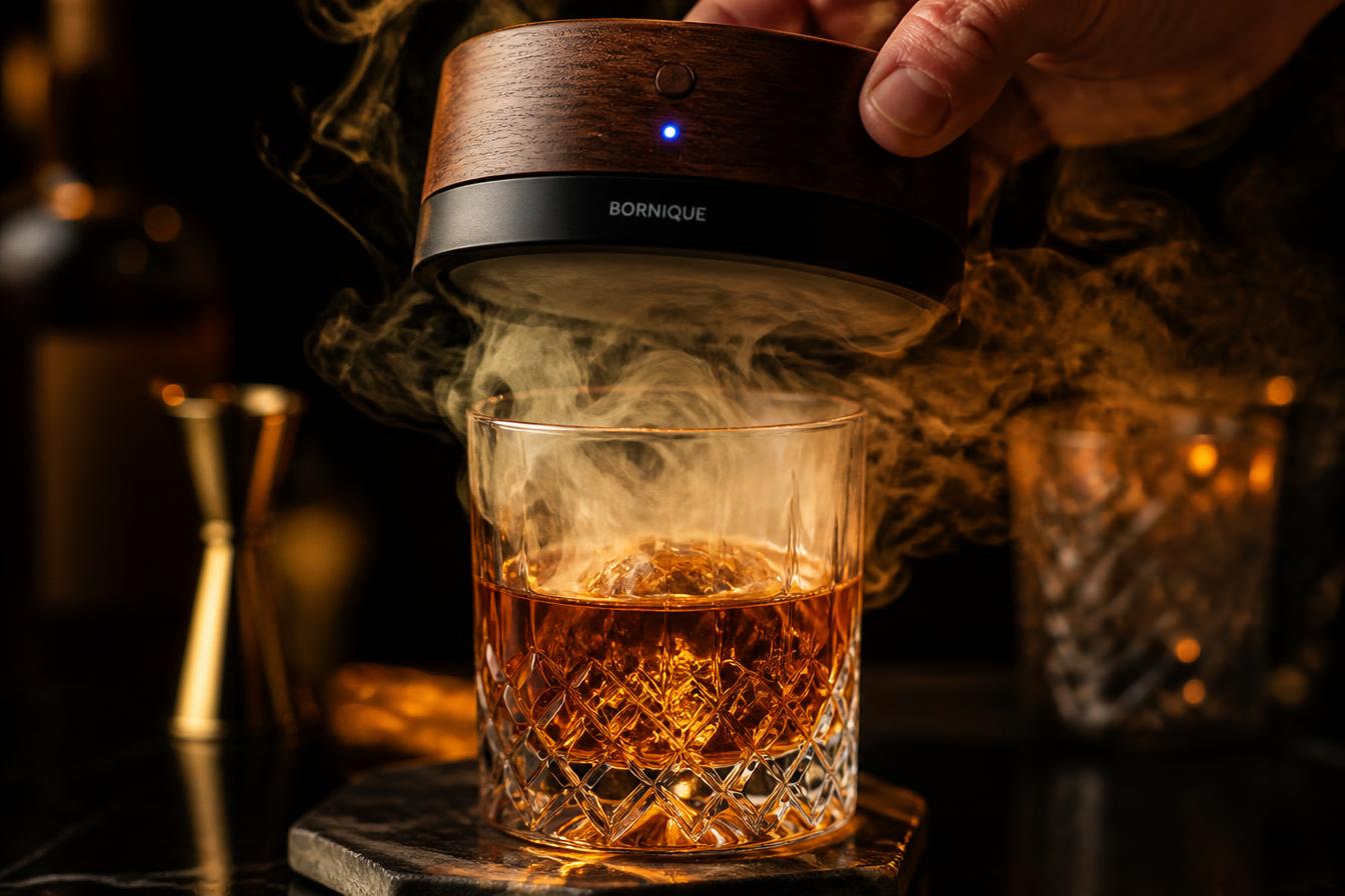Cocktail being infused with aromatic smoke